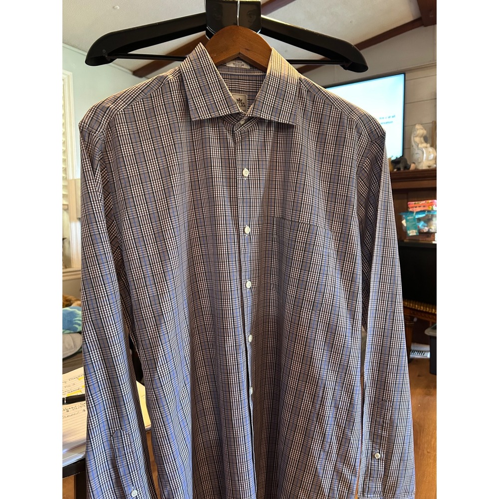 Peter Millar Mens Large Brown‎ Blue Plaid Long Sleeve Button Down Shirt